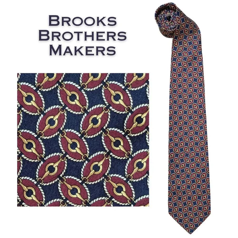 Brooks Brothers Makers Silk Tie Navy Maroon Gold Nautical Preppy Vintage 80s